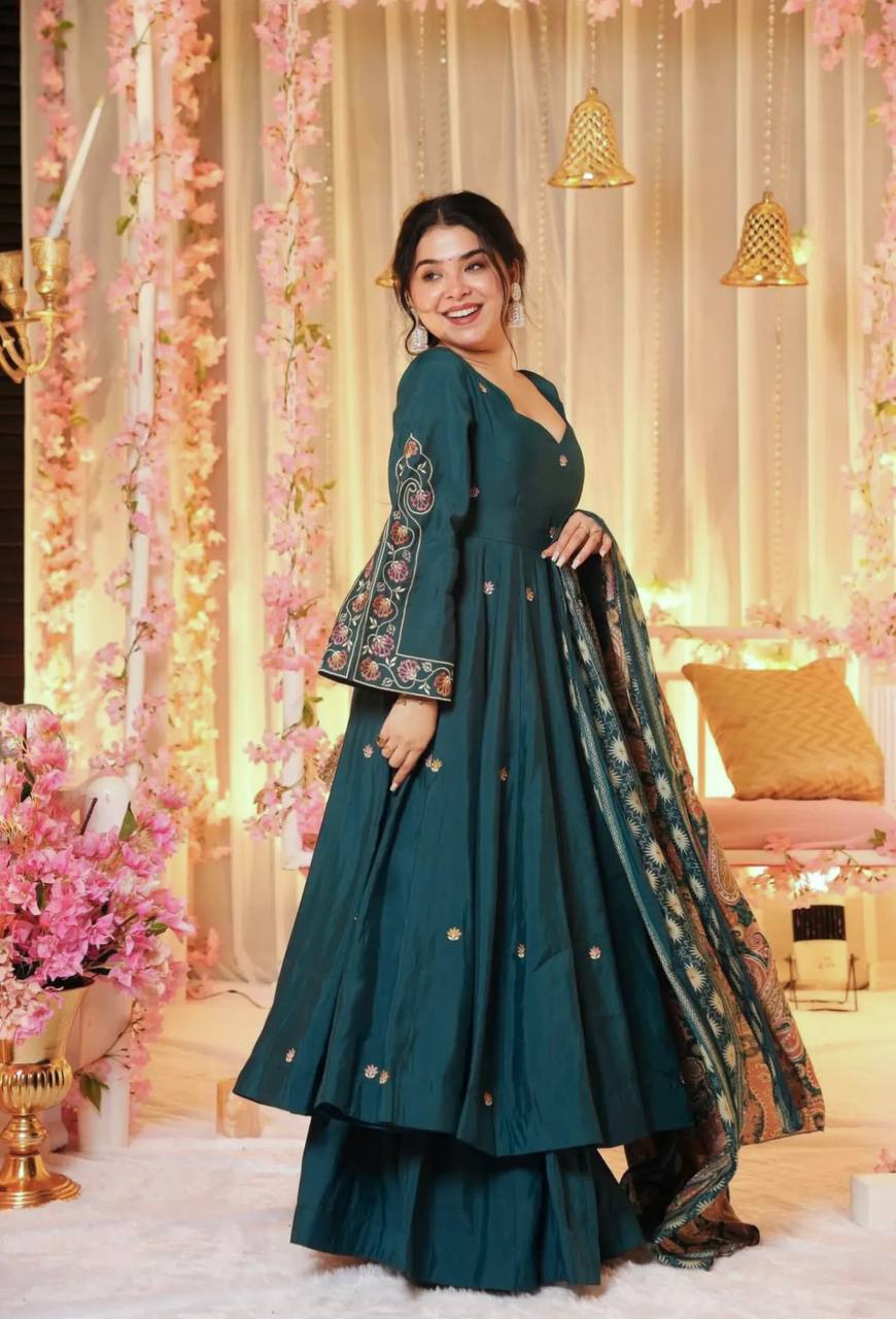 Party Wear Anarkali Gown And Dupatta With Embroidery Sequence Work