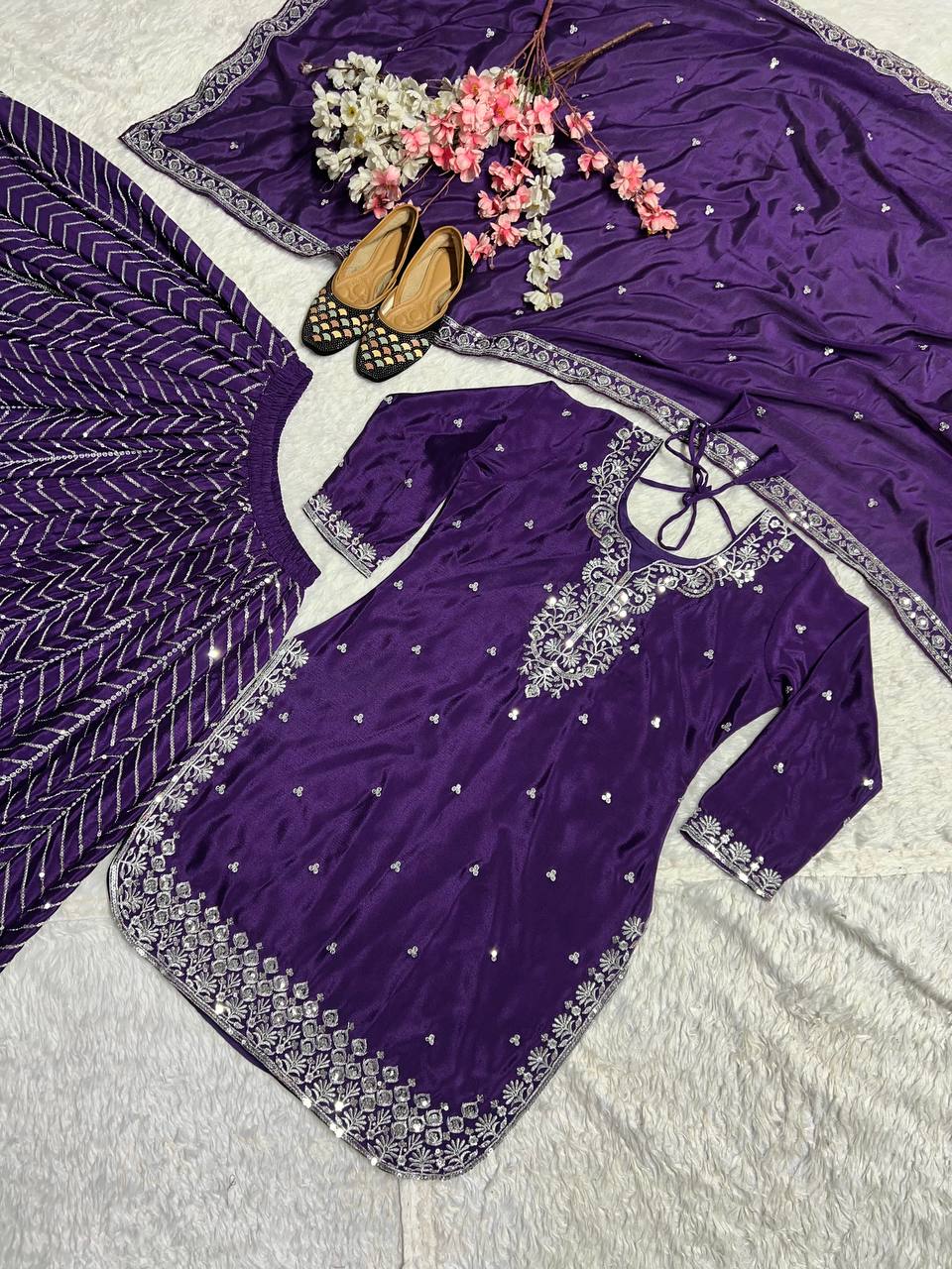 Beautiful Party Wear Top Plazzo And Dupatta With Embroidery Work