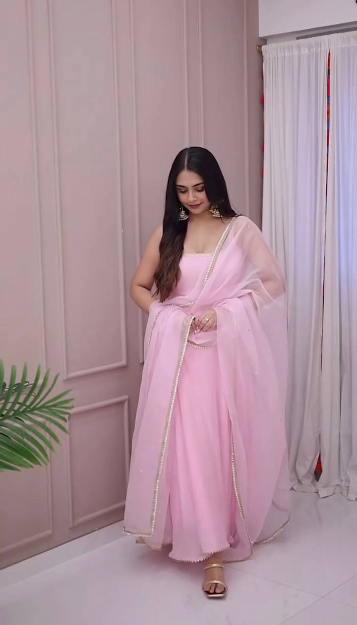 Fancy Gown And Dupatta Set With Embroidery Sequence Work