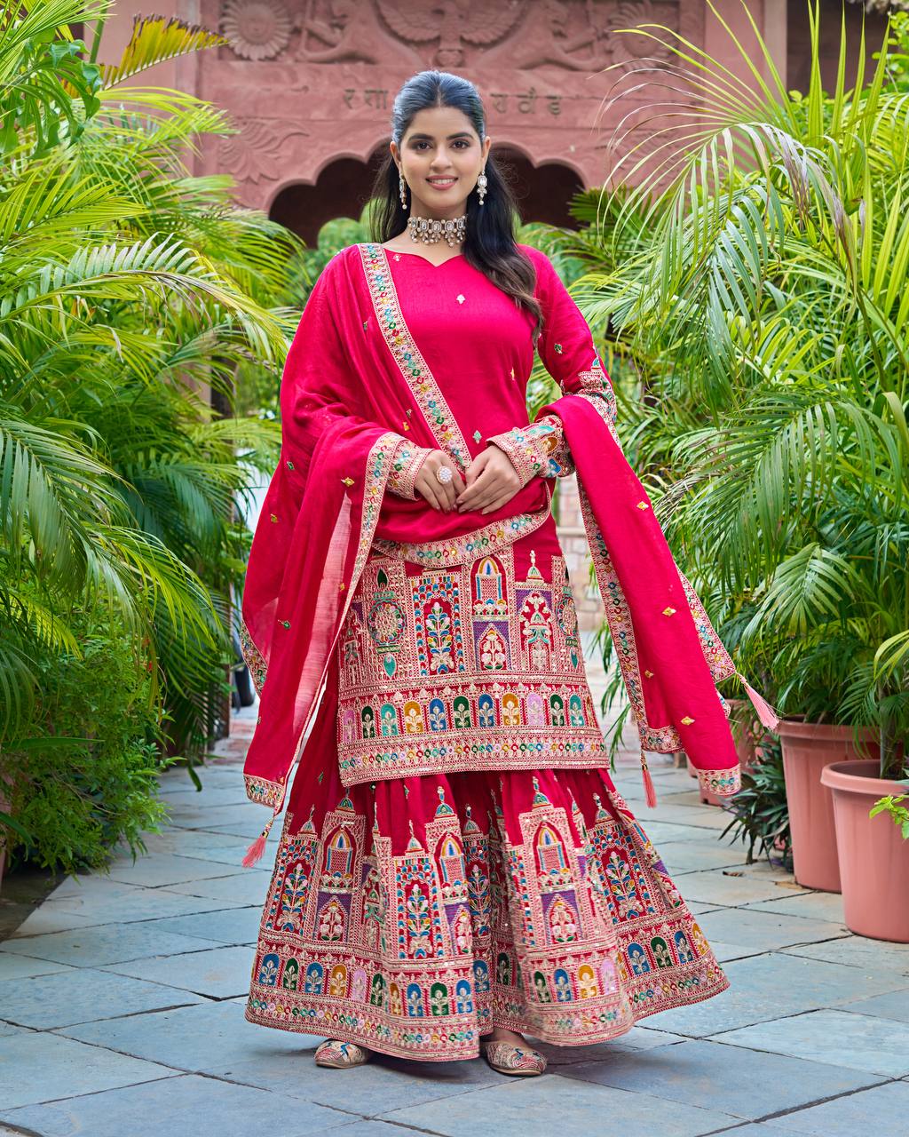 कढ़ाई कोडिंग डोरी-सीक्वेंस वर्क के साथ फैंसी टॉप-बॉटम और दुपट्टा