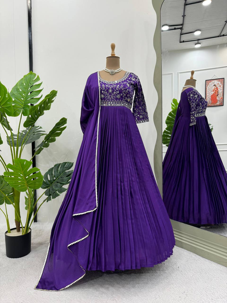 Party Wear Look Gown And Dupatta With Thread And Real Mirror Work