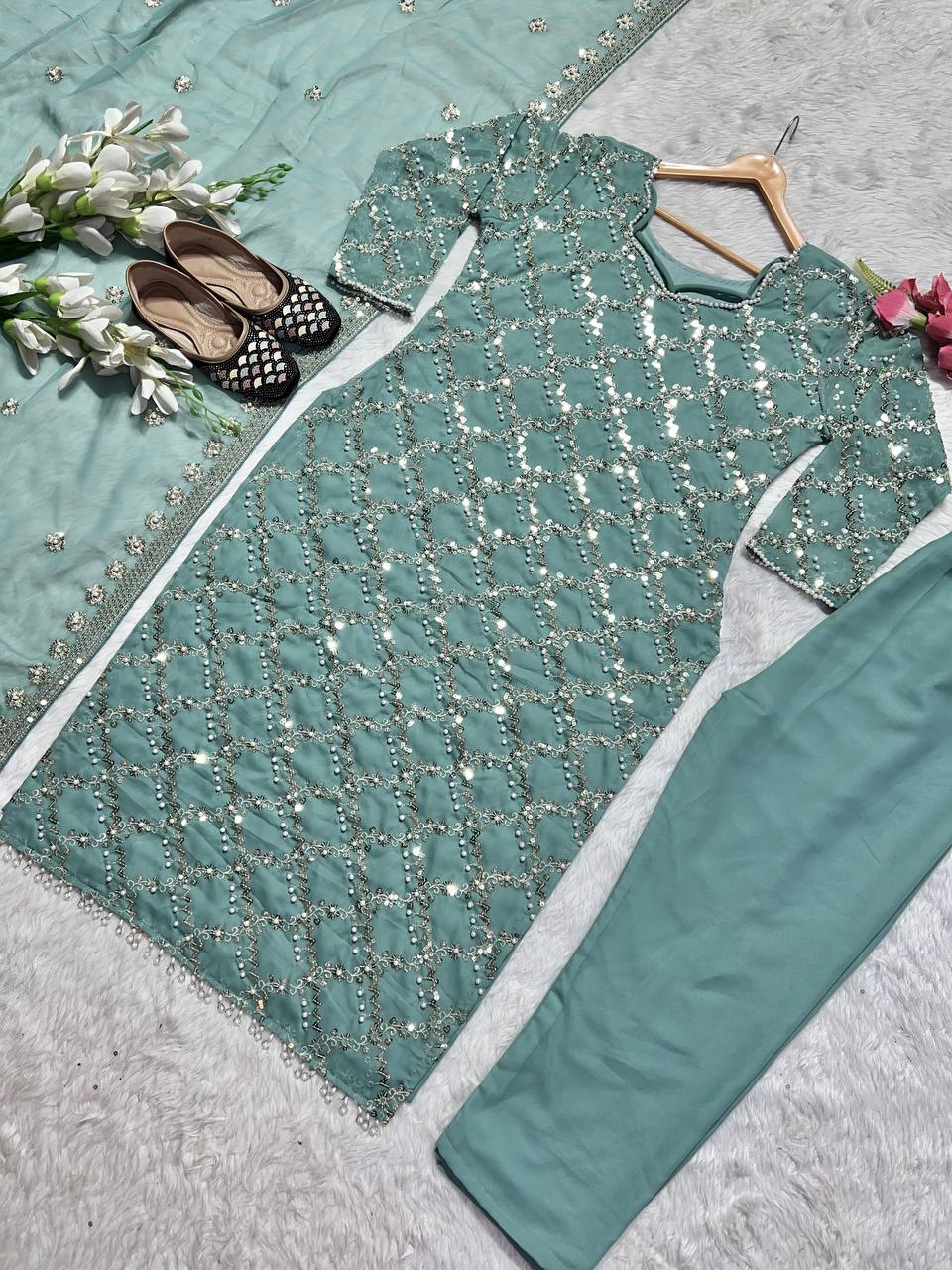 Designer Long Top , Pant and Dupatta In Fancy Style