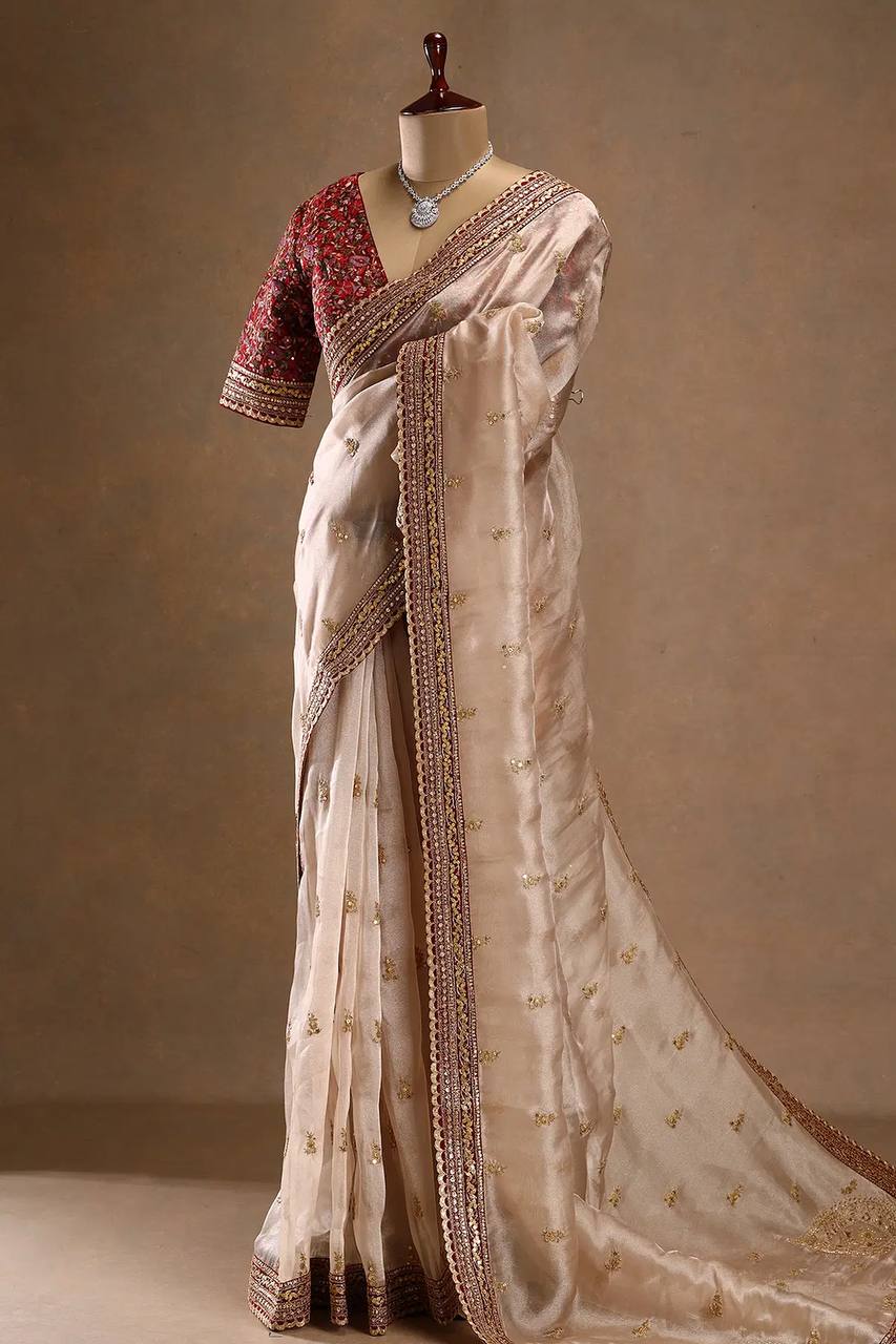 Designer Saree With Sequins And Cording Embroidered Work