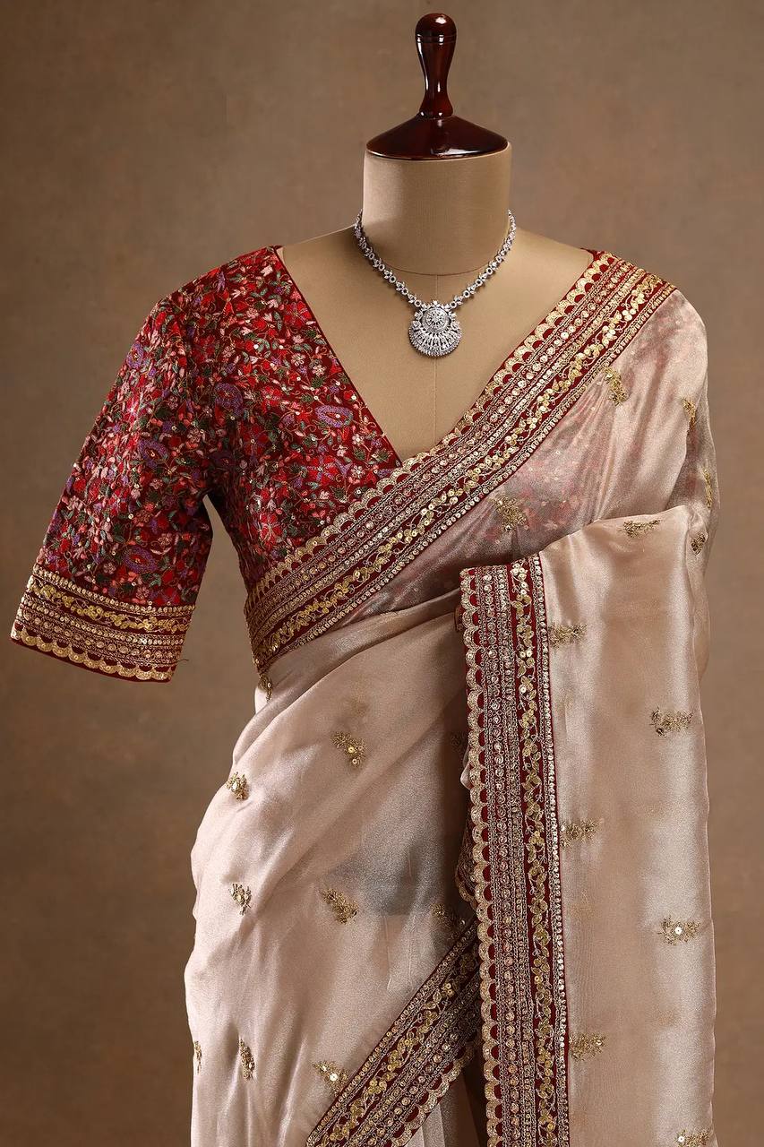 Designer Saree With Sequins And Cording Embroidered Work
