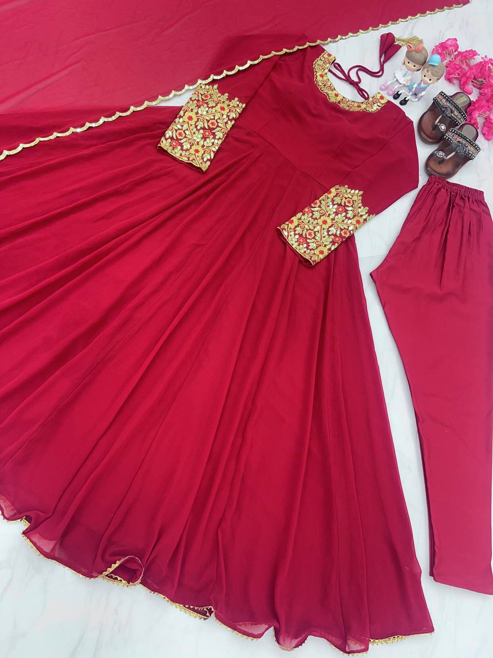 Party Wear Look Anarkali Gown, Bottom & Beautiful Dupatta