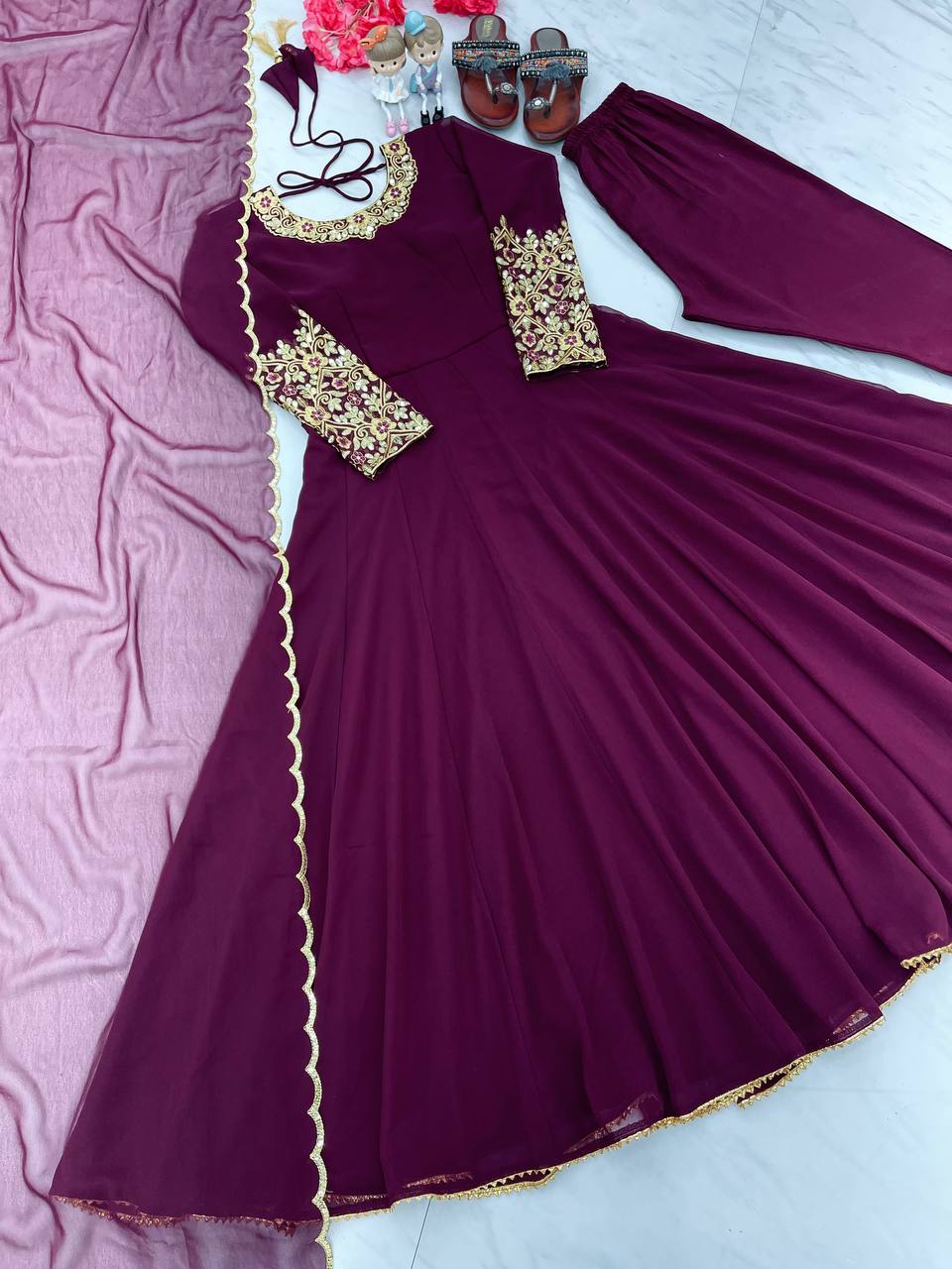 Party Wear Look Anarkali Gown, Bottom & Beautiful Dupatta