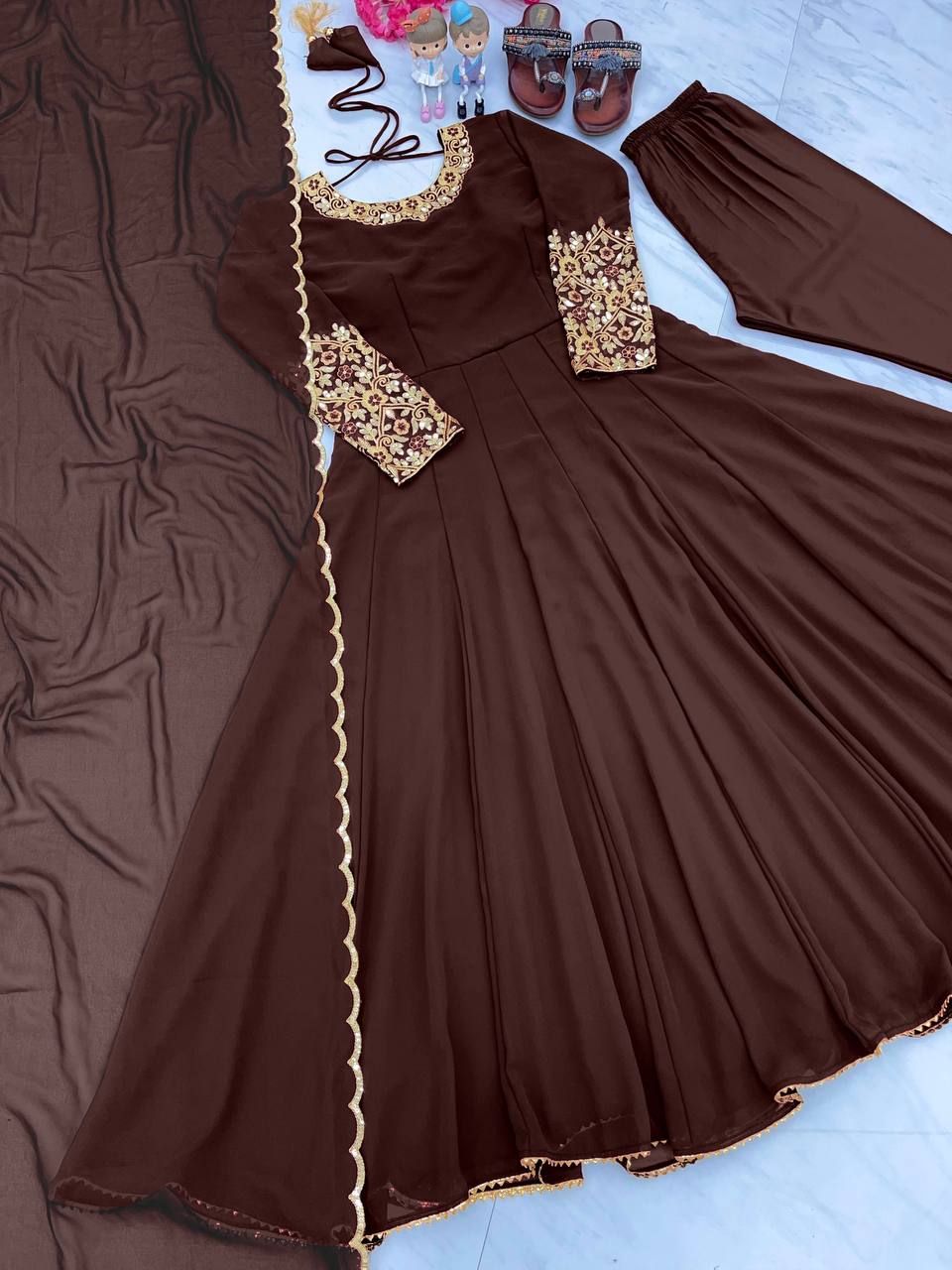 Party Wear Look Anarkali Gown, Bottom & Beautiful Dupatta
