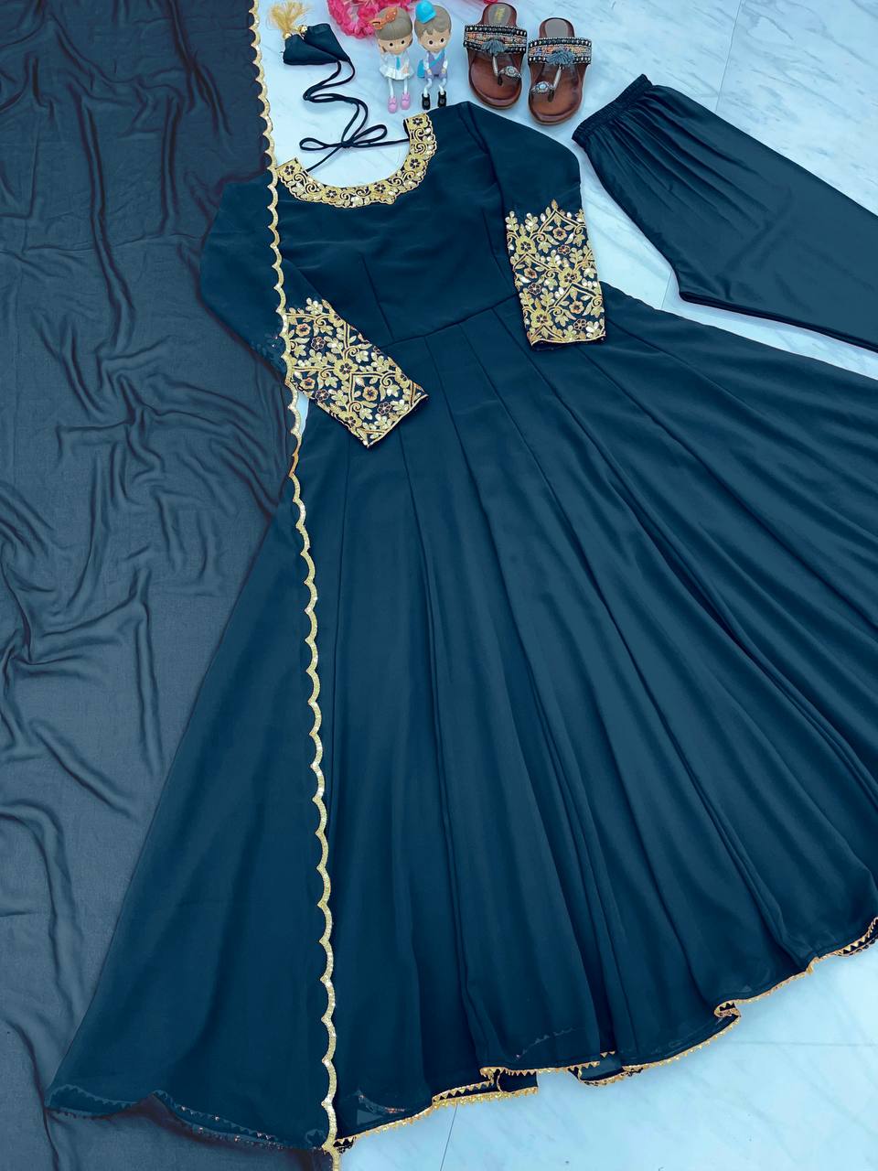 Party Wear Look Anarkali Gown, Bottom & Beautiful Dupatta