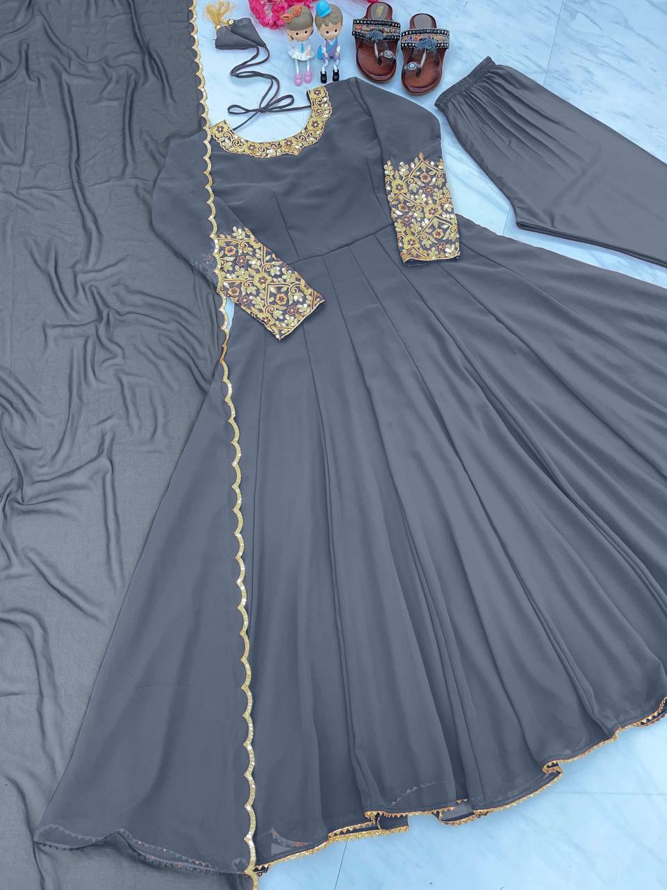 Party Wear Look Anarkali Gown, Bottom & Beautiful Dupatta