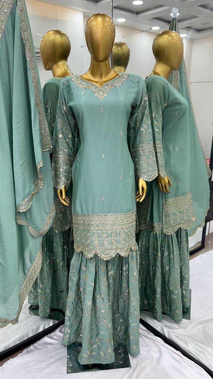 डिज़ाइनर पार्टी वियर लुक टॉप-प्लाज़ो और दुपट्टा हैवी एम्ब्रॉयडरी वर्क