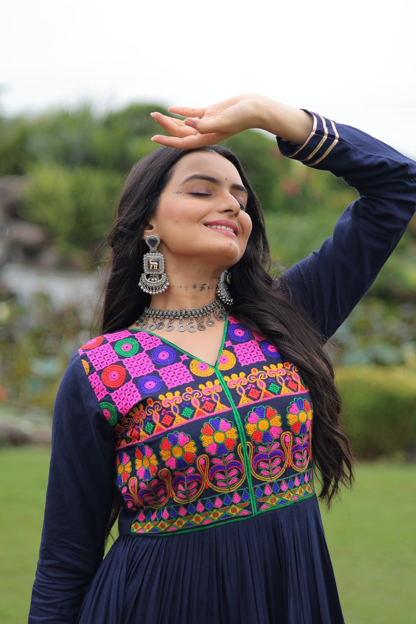 Navratri Special Gown With Kutchi Gamthi Embroidered & Mirror Hand Work