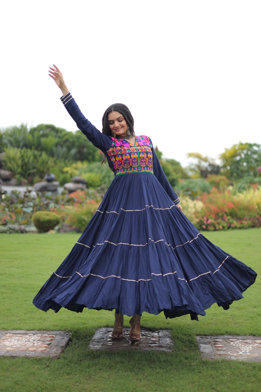 Navratri Special Gown With Kutchi Gamthi Embroidered & Mirror Hand Work