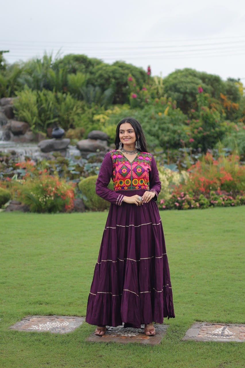 Navratri Special Gown With Kutchi Gamthi Embroidered & Mirror Hand Work