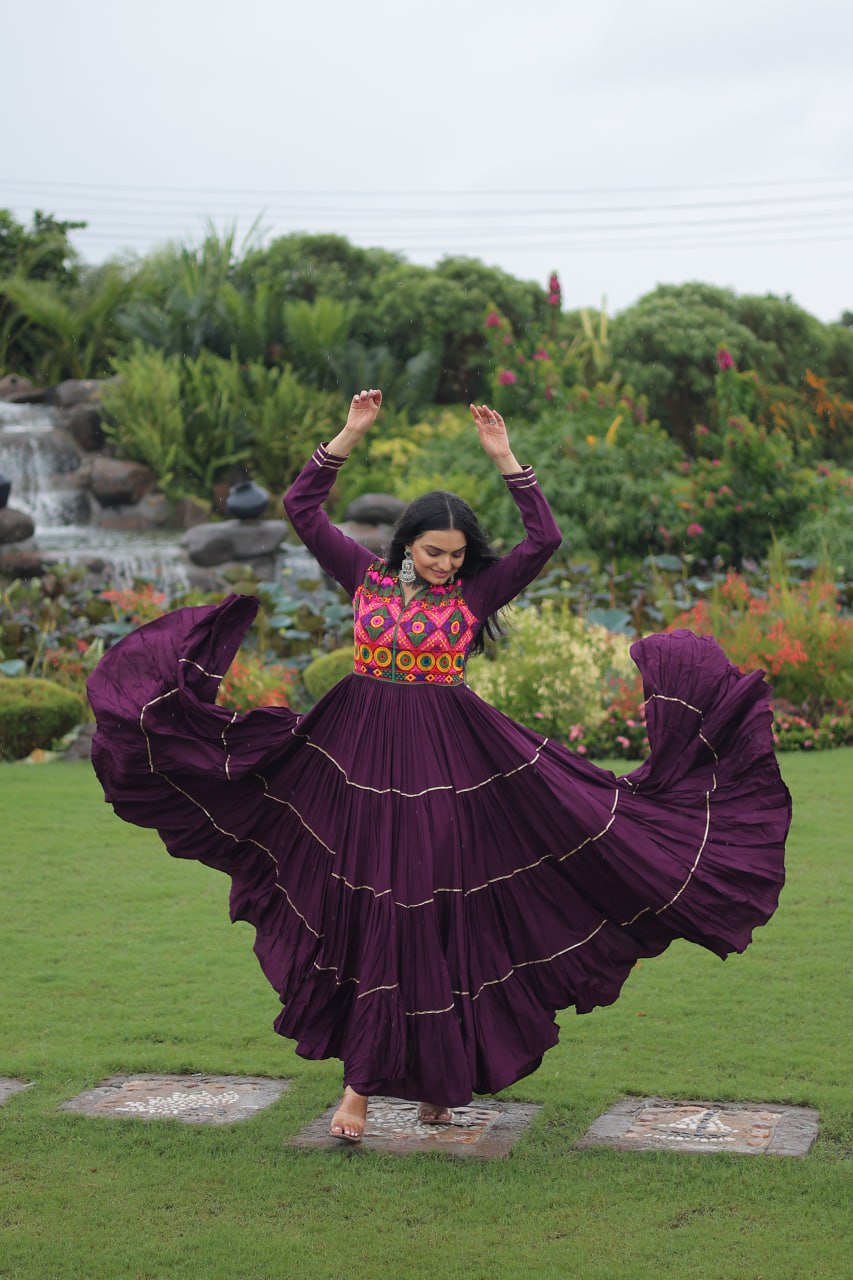 Navratri Special Gown With Kutchi Gamthi Embroidered & Mirror Hand Work