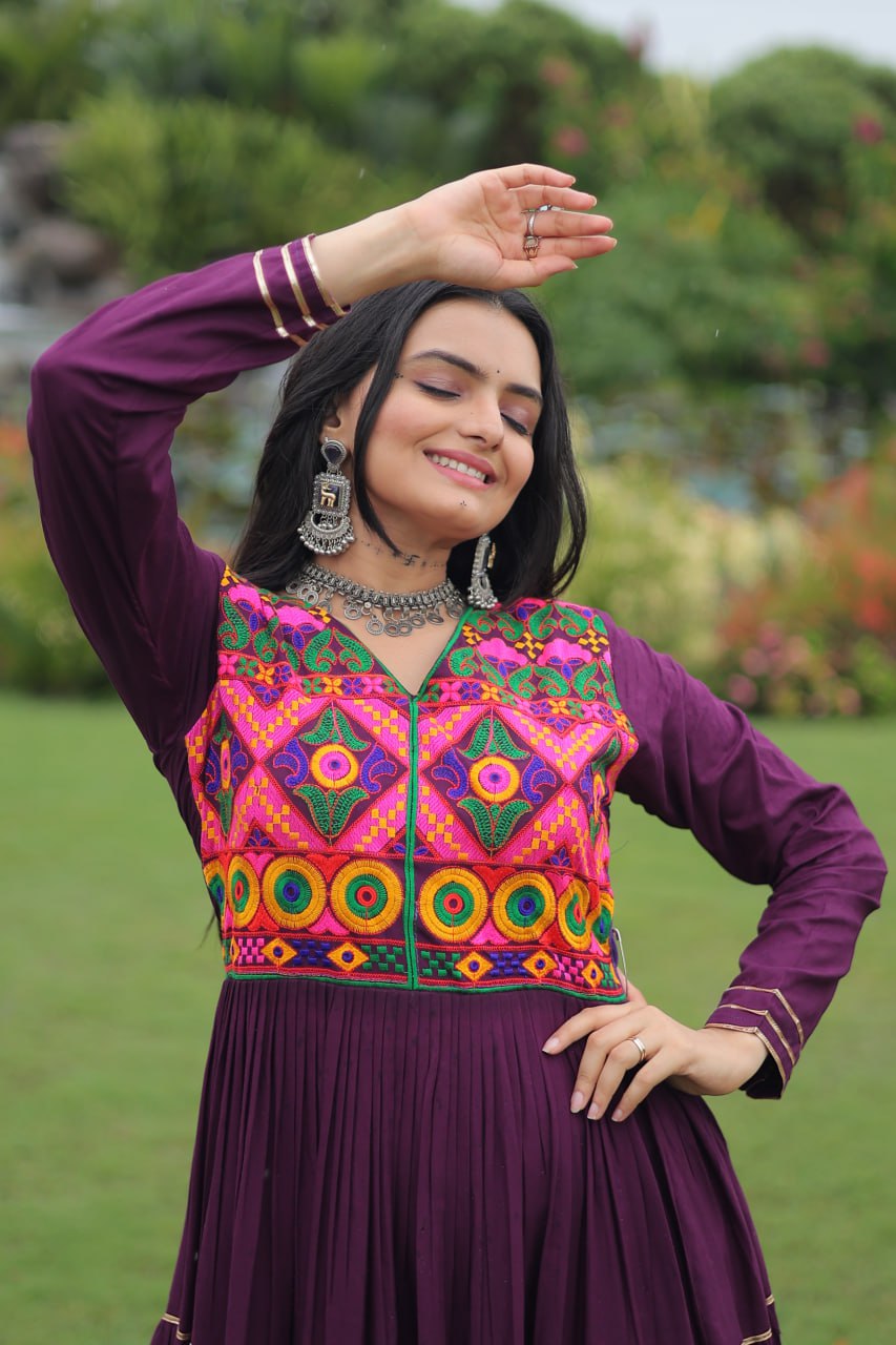 Navratri Special Gown With Kutchi Gamthi Embroidered & Mirror Hand Work