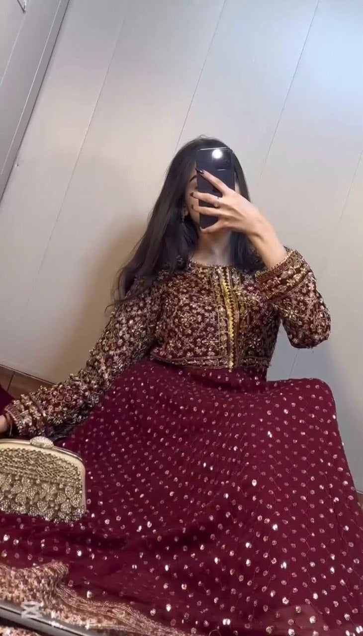 Designer Anarkali Gown And Dupatta With Thread And Sequence Work