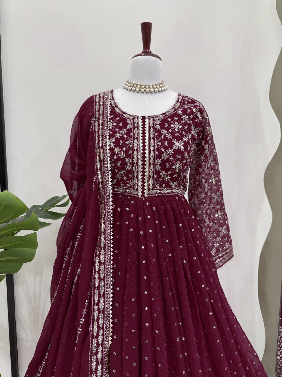Designer Anarkali Gown And Dupatta With Thread And Sequence Work