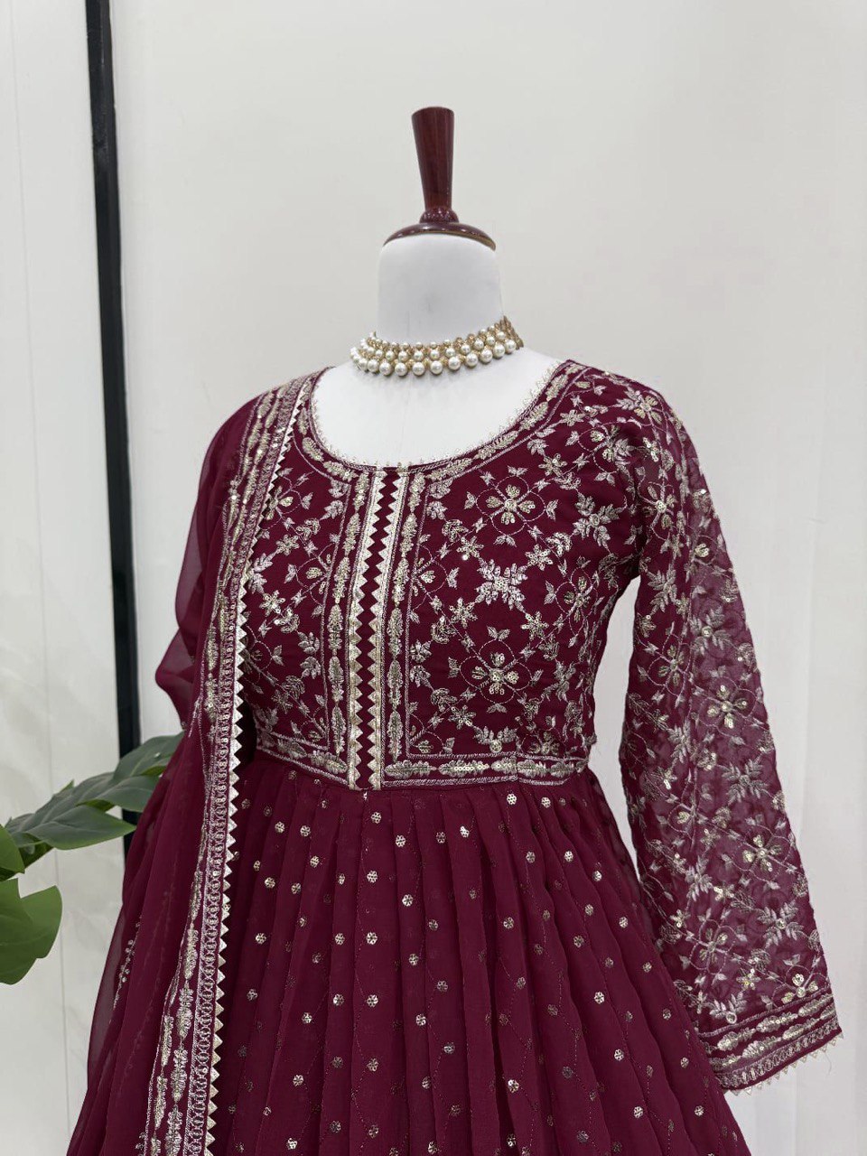 Designer Anarkali Gown And Dupatta With Thread And Sequence Work