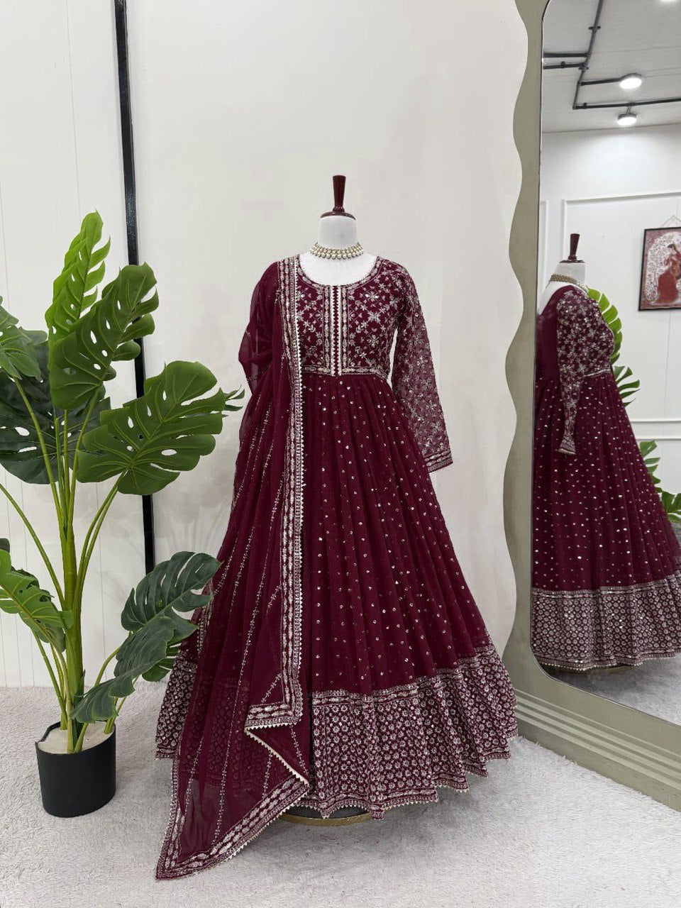 Designer Anarkali Gown And Dupatta With Thread And Sequence Work