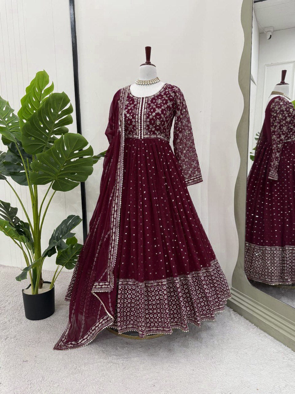 Designer Anarkali Gown And Dupatta With Thread And Sequence Work