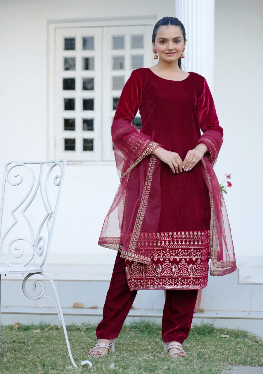 Beautiful Embroidered Velvet Suit With Sequence Embroidered Work