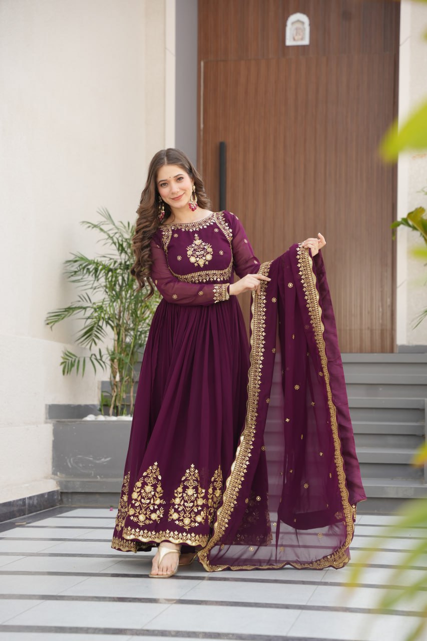 Designer Gown-Dupatta With Zari Thread & Sequins Embroidery Work