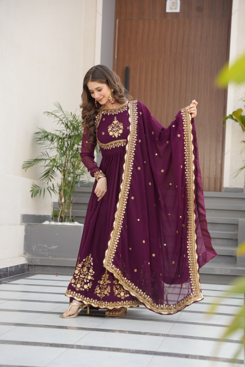 Designer Gown-Dupatta With Zari Thread & Sequins Embroidery Work