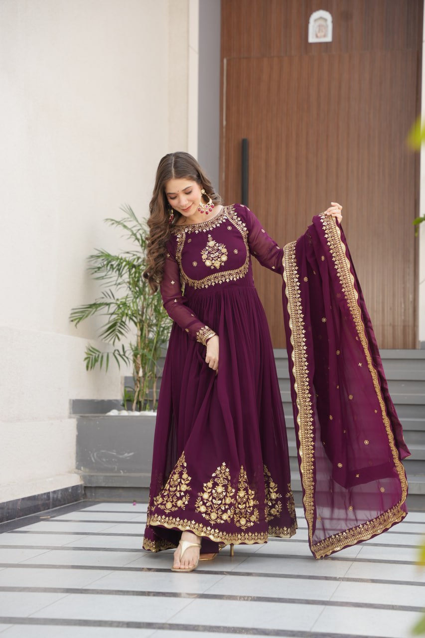 Designer Gown-Dupatta With Zari Thread & Sequins Embroidery Work