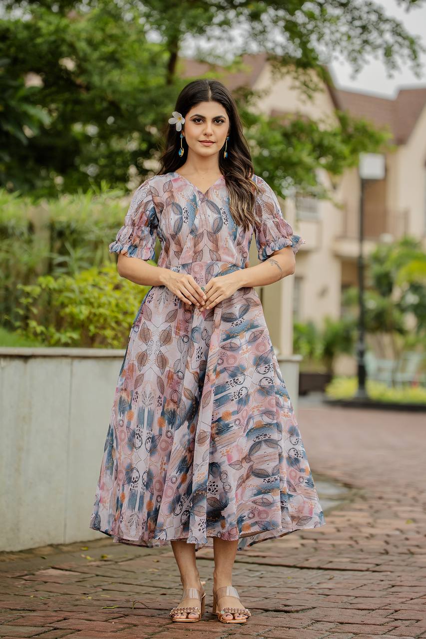 Fancy Gown With Detailed Floral & Geometric Digital Print
