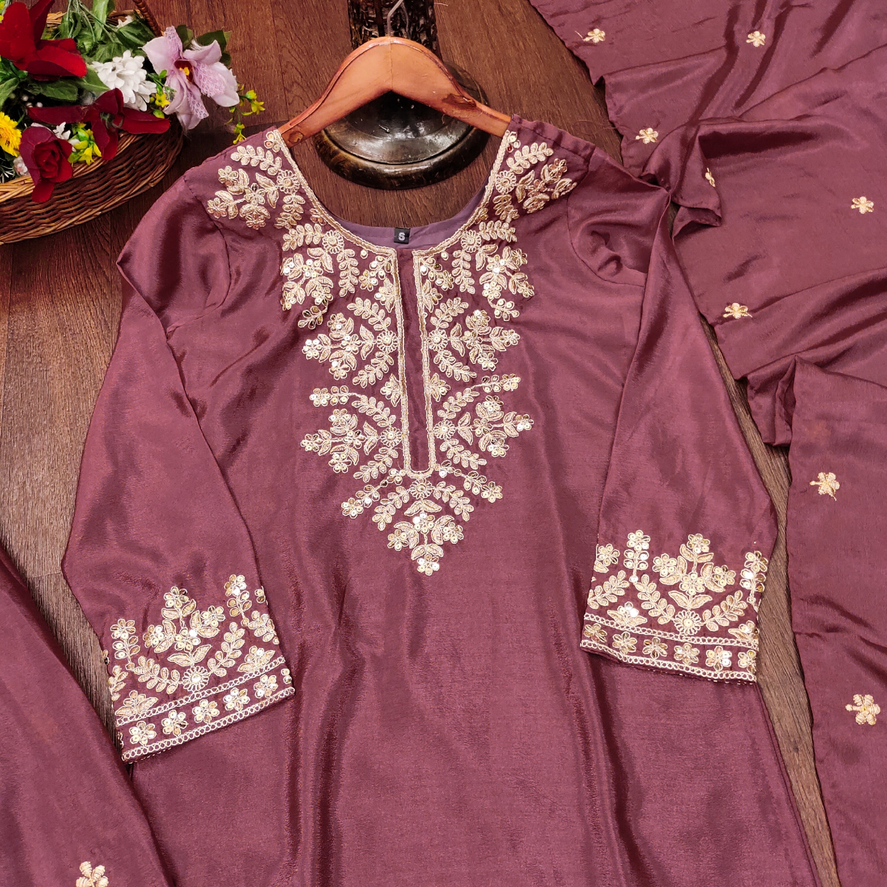 Designer Embroidered Chinon Suit With Sequence Embroidered Work