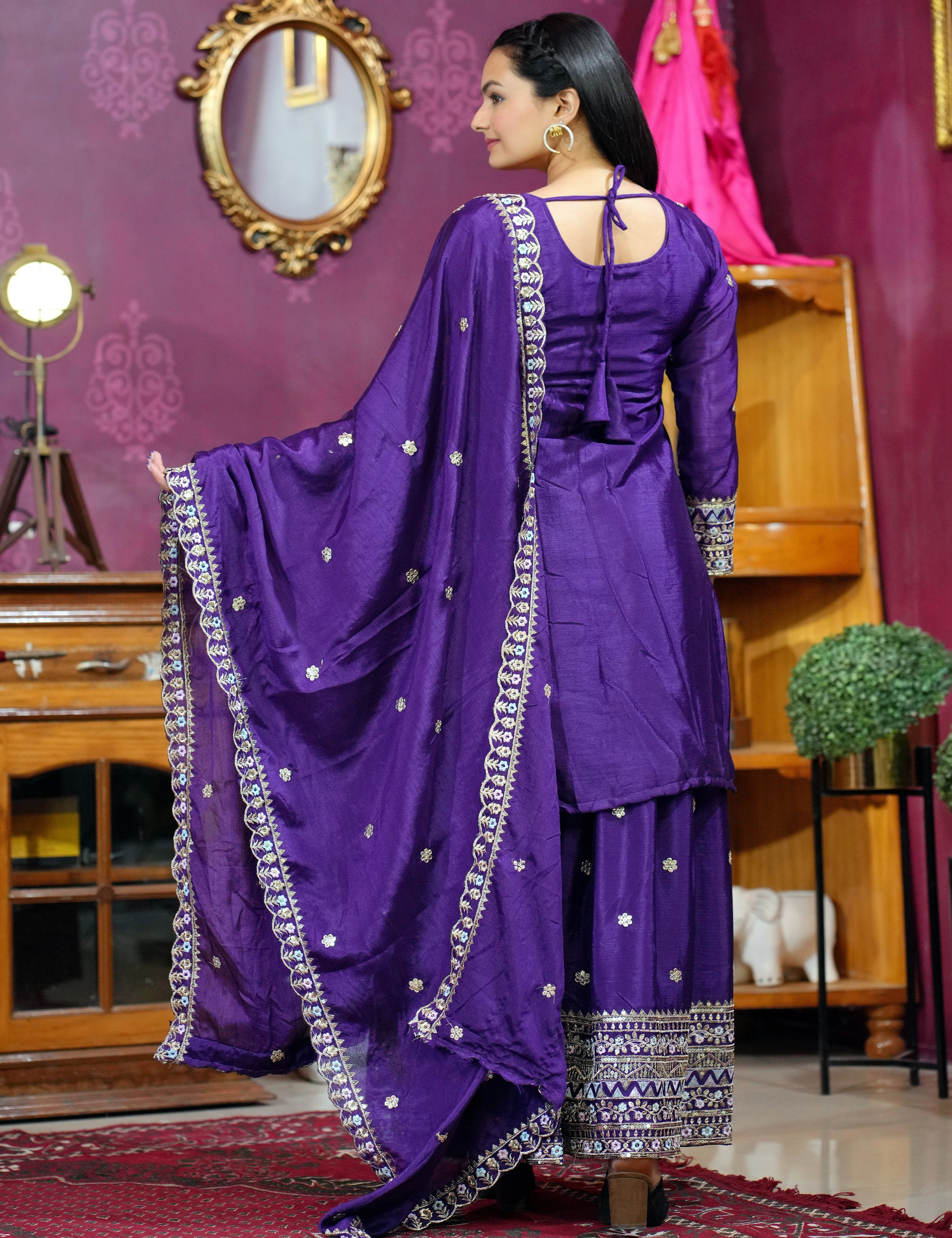 Designer Embroidered Chinon Sharara Suit With Sequence Embroidered Work