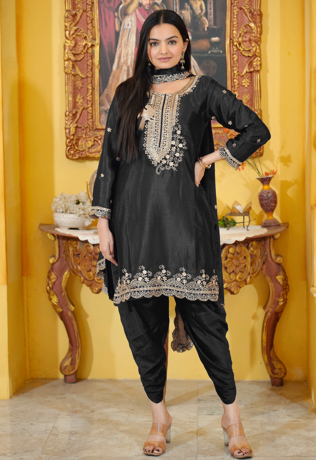 Designer Embroidered Chinon Dhoti Suit With Sequence Embroidered Work