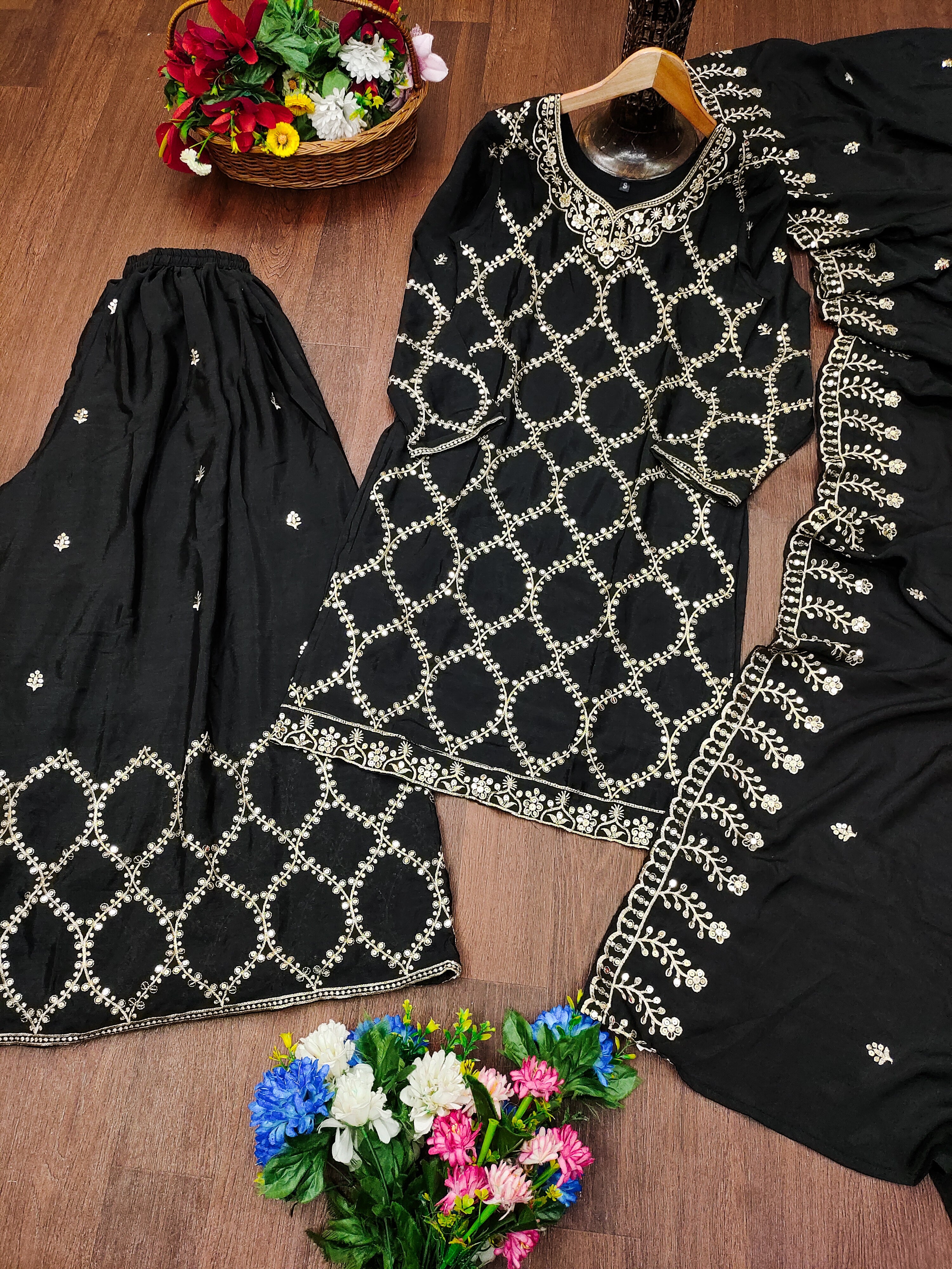 Designer Embroidered Chinon Sharara Suit With Sequence Embroidered Work