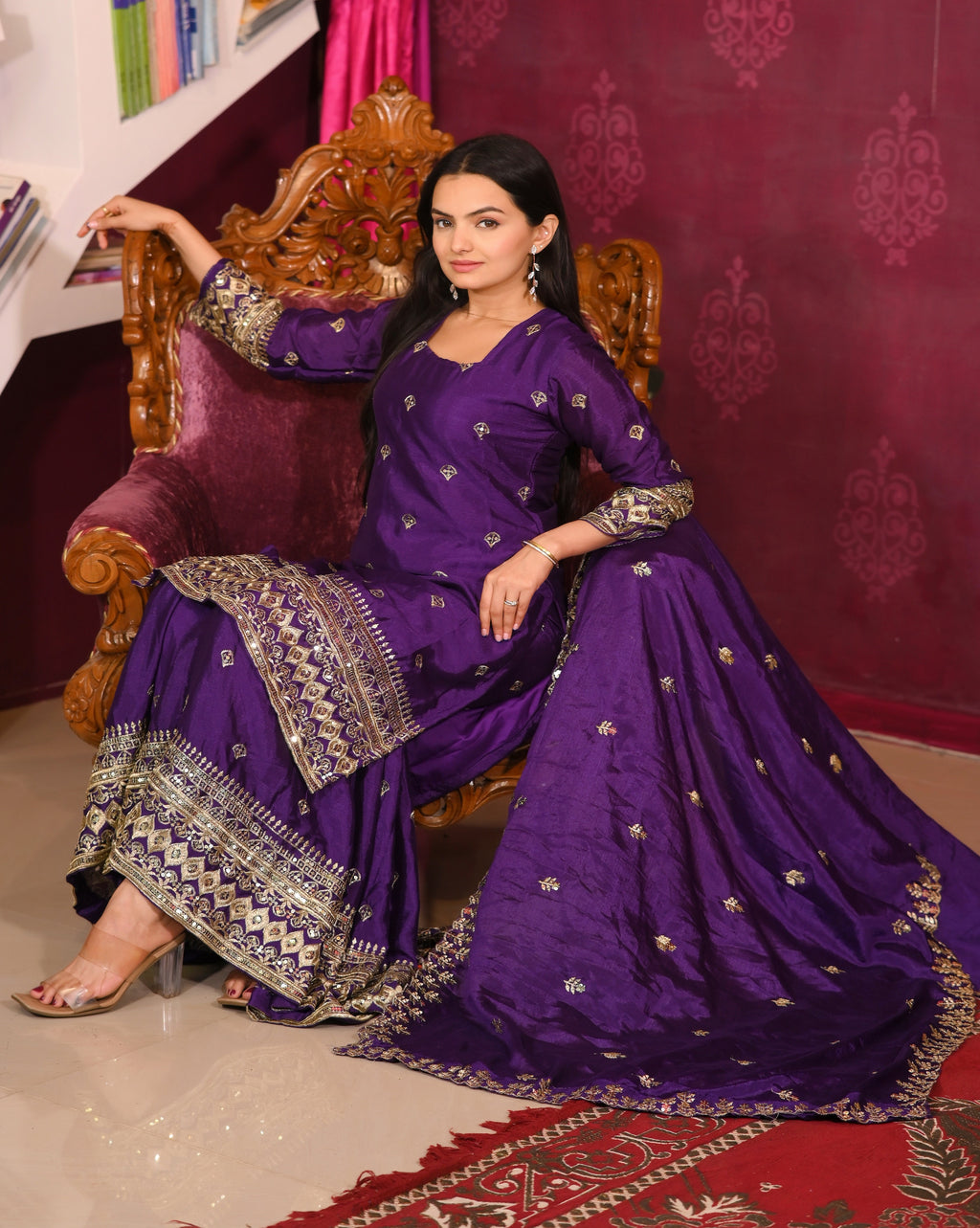 Designer Embroidered Chinon Suit With Sequence Embroidered Work