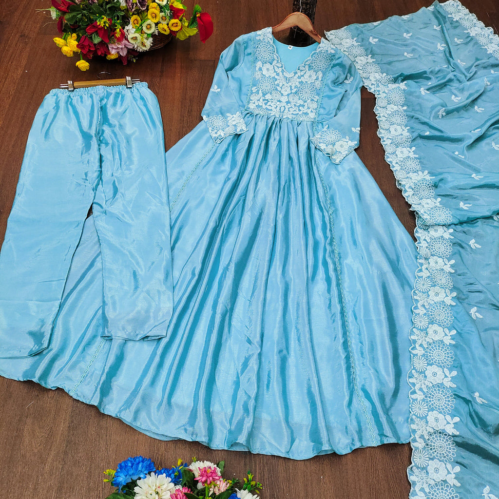 Designer Chinon Gown Pent And Dupatta With Embroidered Work