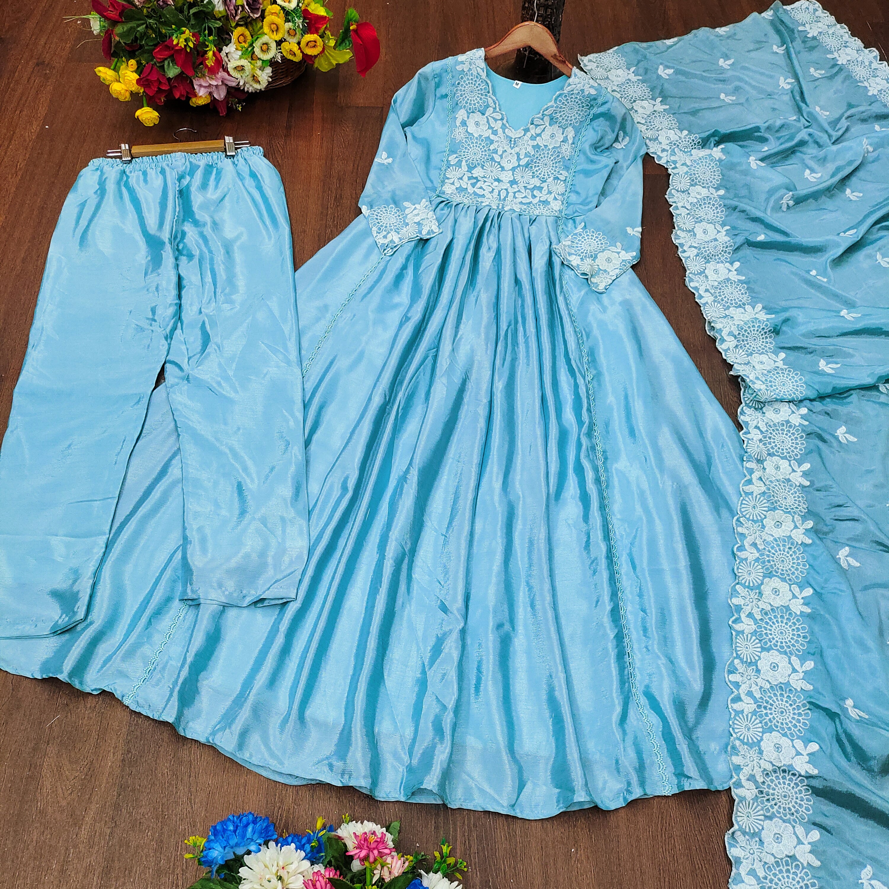 Designer Chinon Gown Pent And Dupatta With Embroidered Work