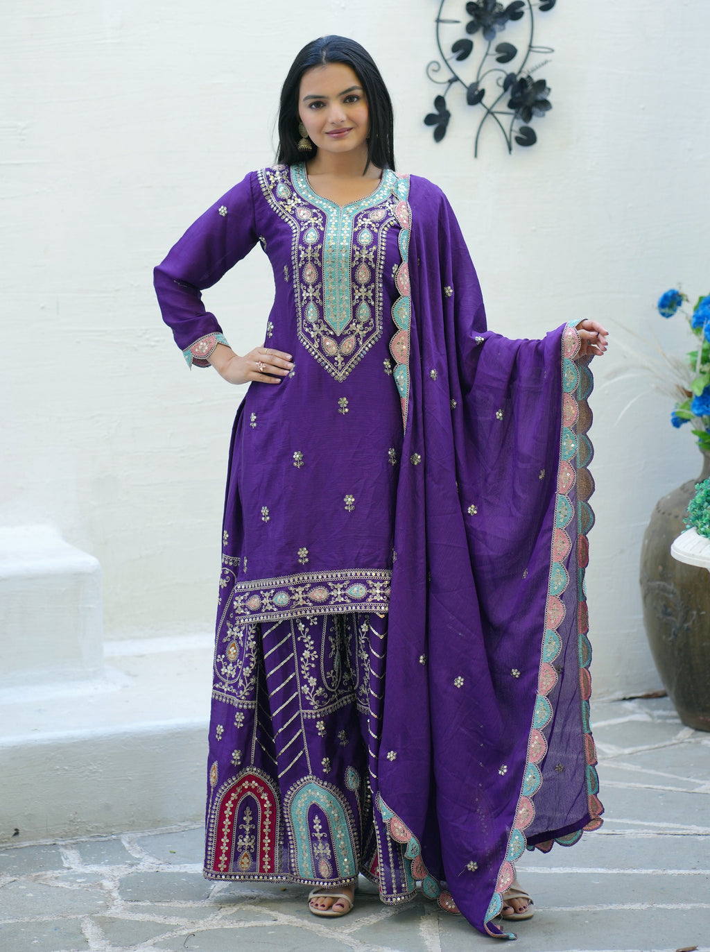 Beautiful Party Wear Suit With Sequence Embroidered Work