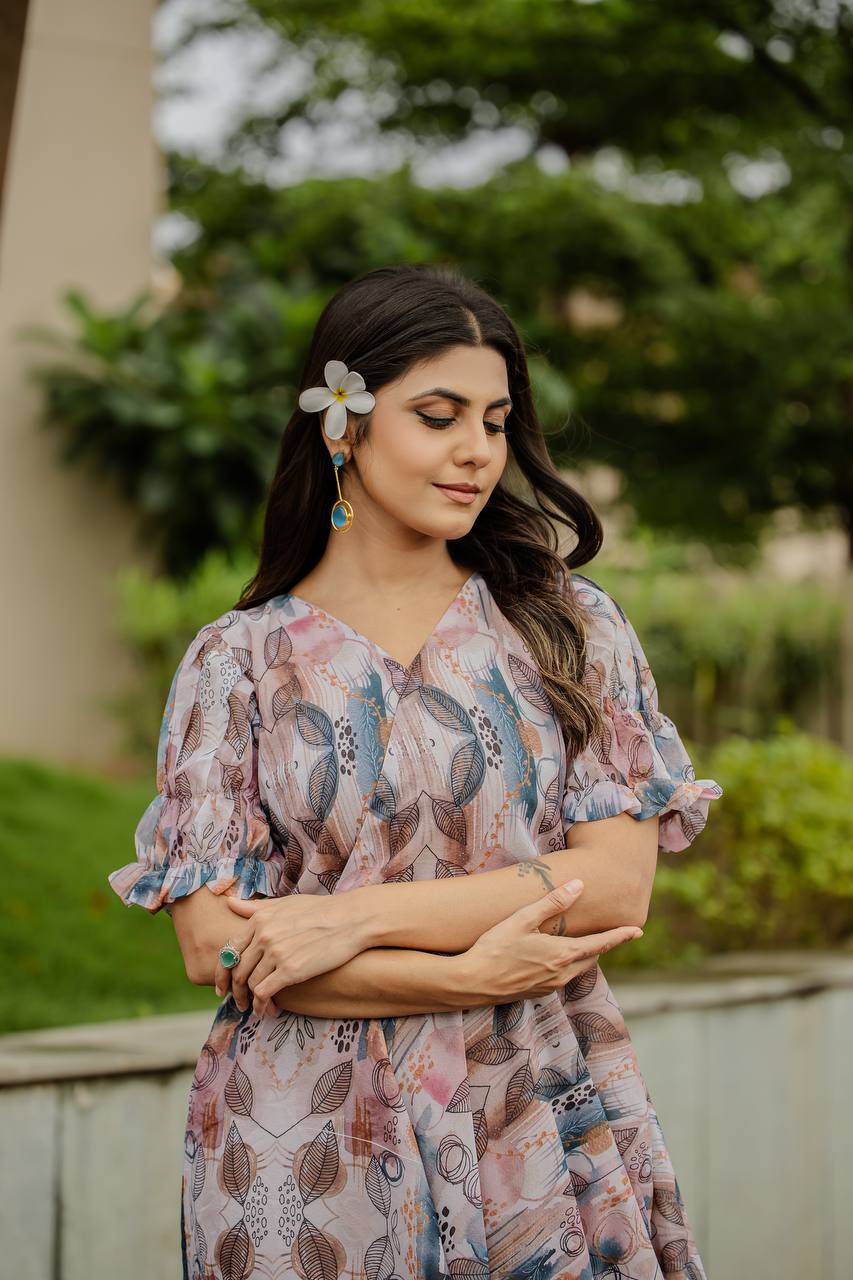 Fancy Gown With Detailed Floral & Geometric Digital Print