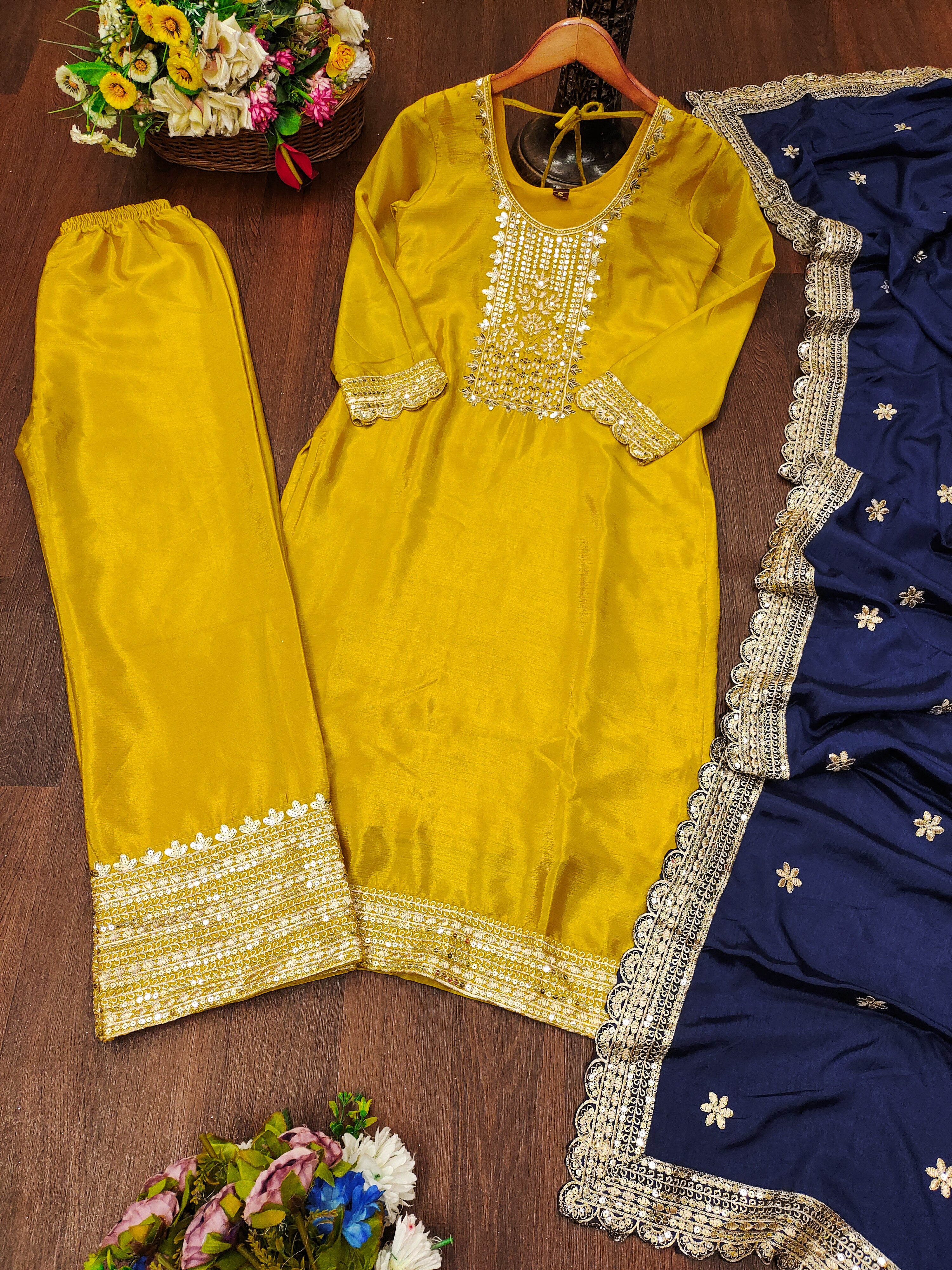 Designer Embroidered Chinon Suit With Sequence Embroidered Work