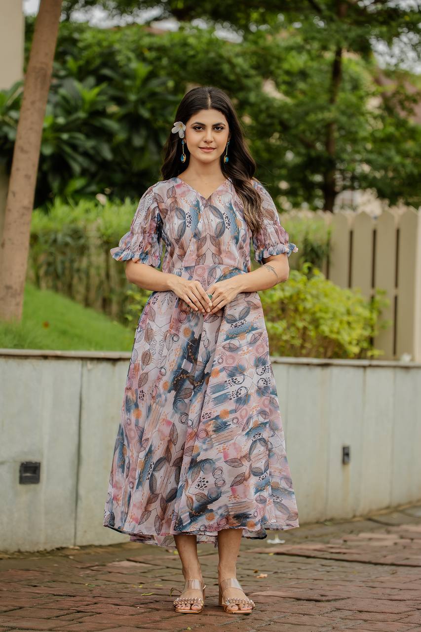 Fancy Gown With Detailed Floral & Geometric Digital Print