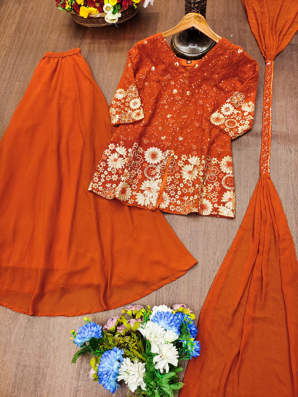 Designer Embroidered Georgette Suit Plazzo And Dupatta