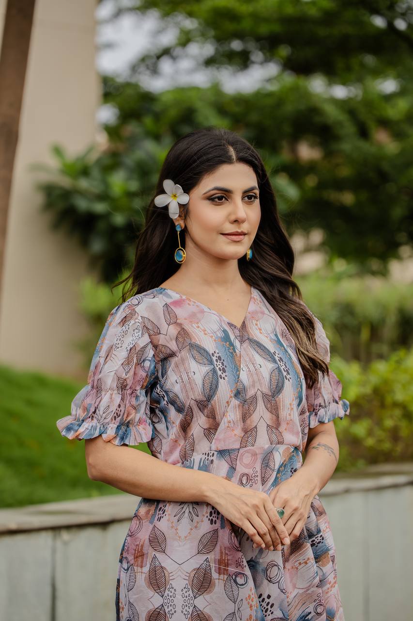 Fancy Gown With Detailed Floral & Geometric Digital Print