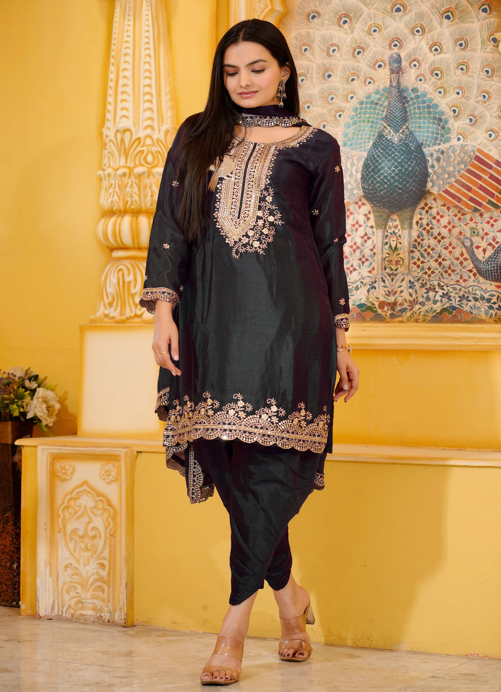 Designer Embroidered Chinon Dhoti Suit With Sequence Embroidered Work