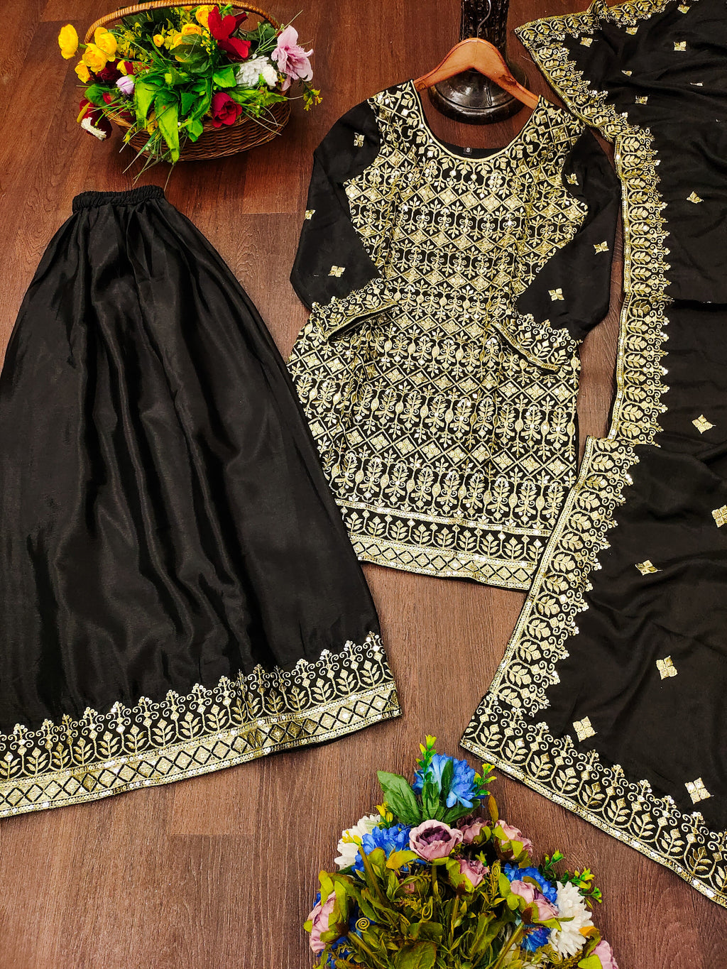 Designer Embroidered Chinon Sharara Suit With Sequence Embroidered Work
