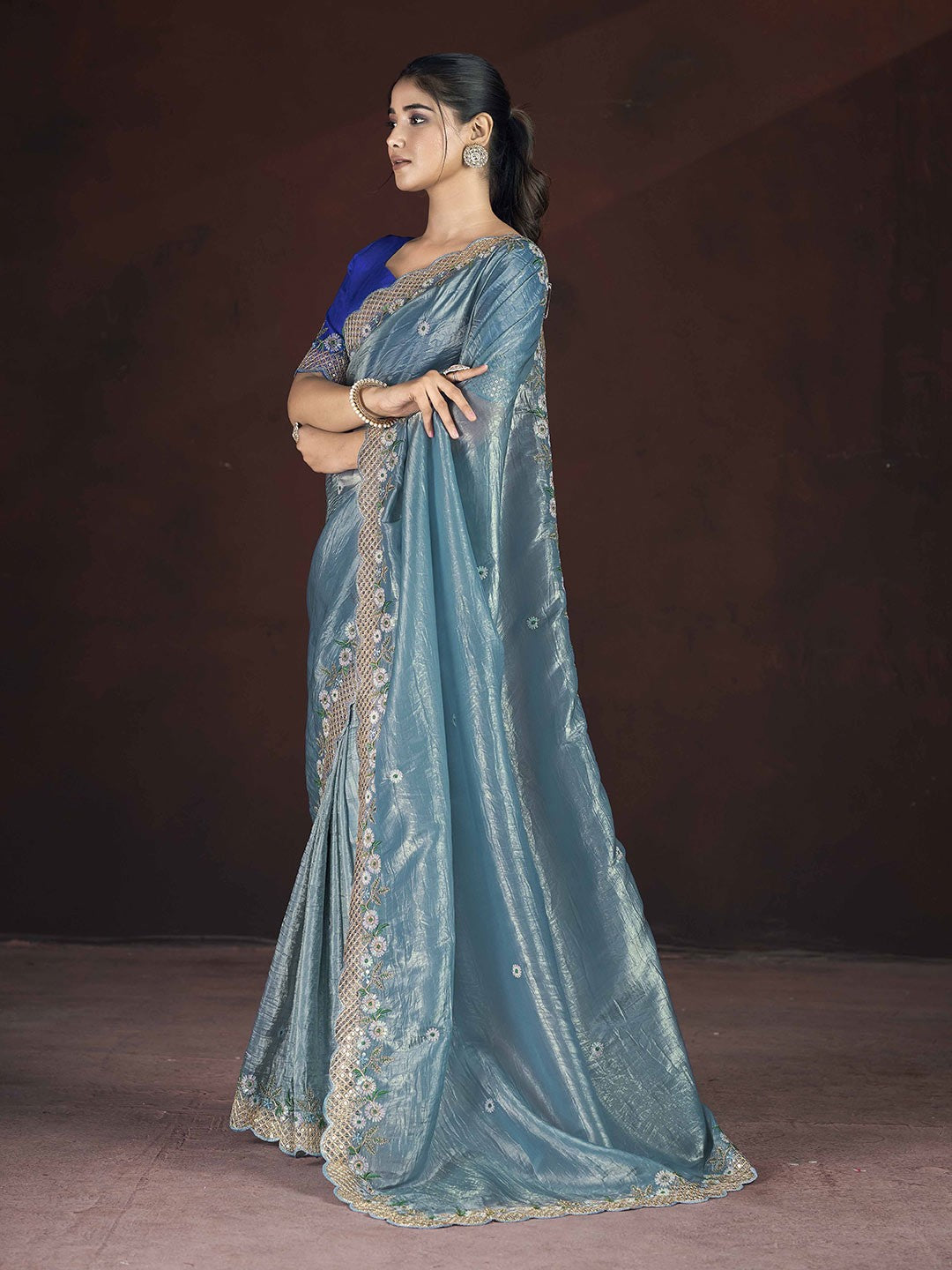 Beautiful Saree With Beautiful Floral Embroidered Work of Multi Thread