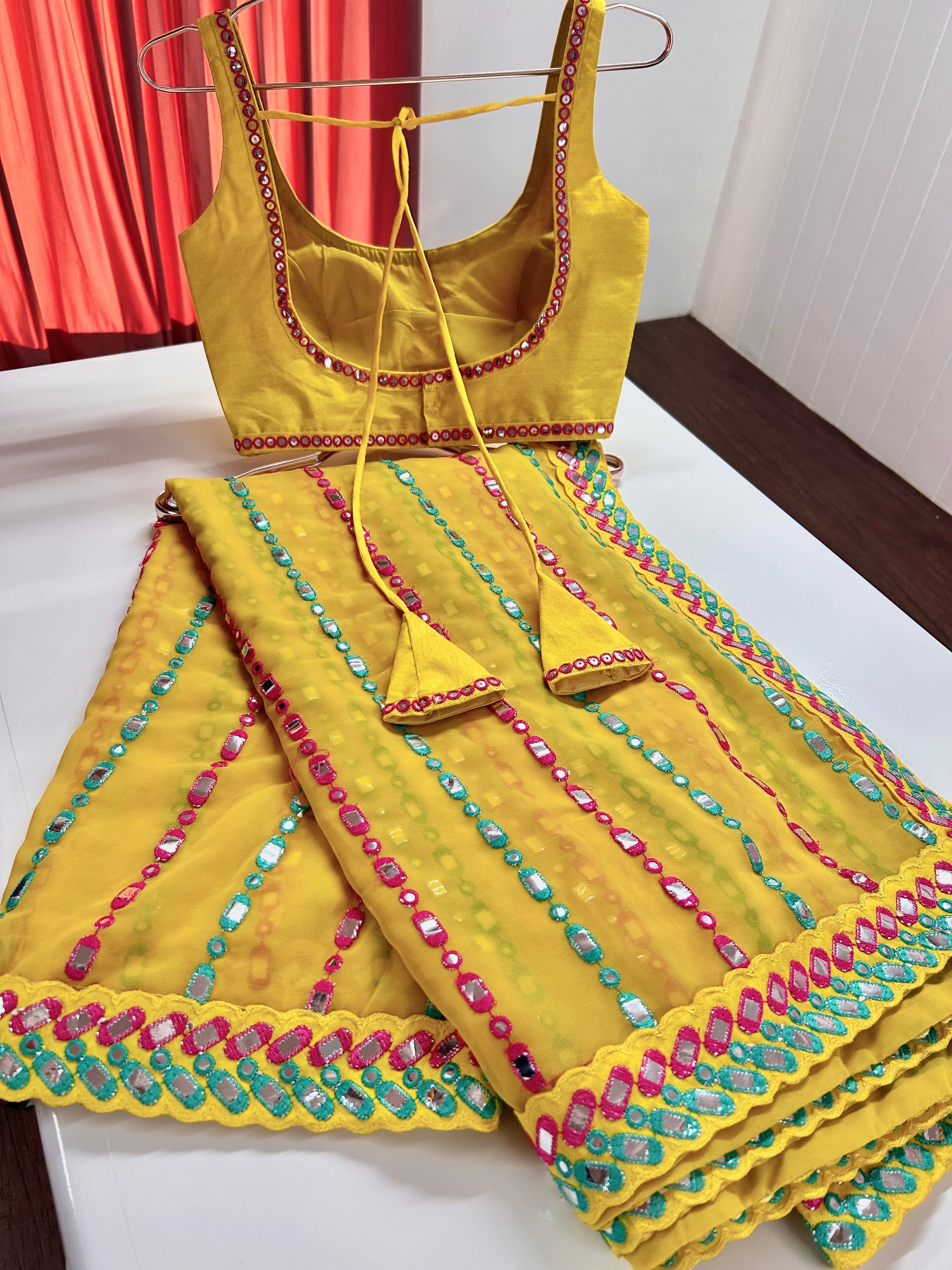 Party Wear Beautiful Saree With Thread & Paper Mirror Work