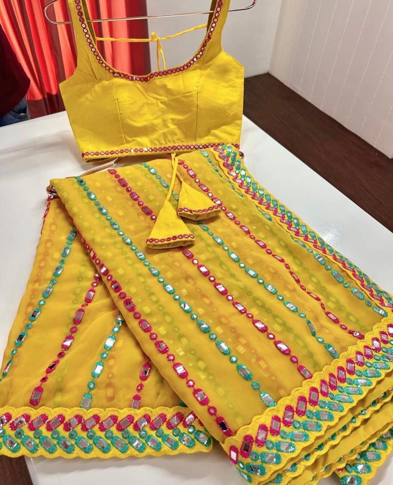 Party Wear Beautiful Saree With Thread & Paper Mirror Work