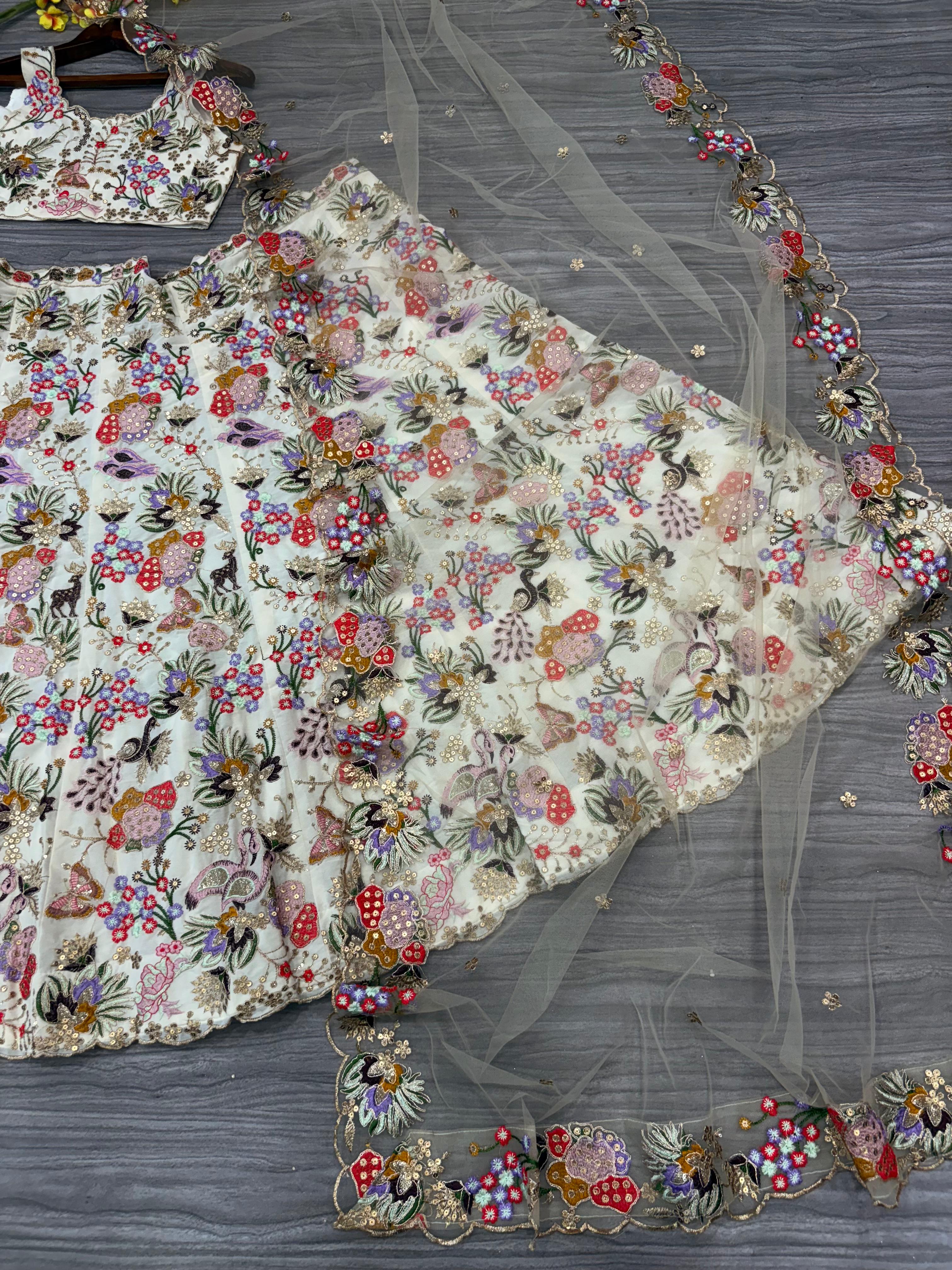 Party Wear Designer Lehenga Choli With Multi Color Thread Embroidery