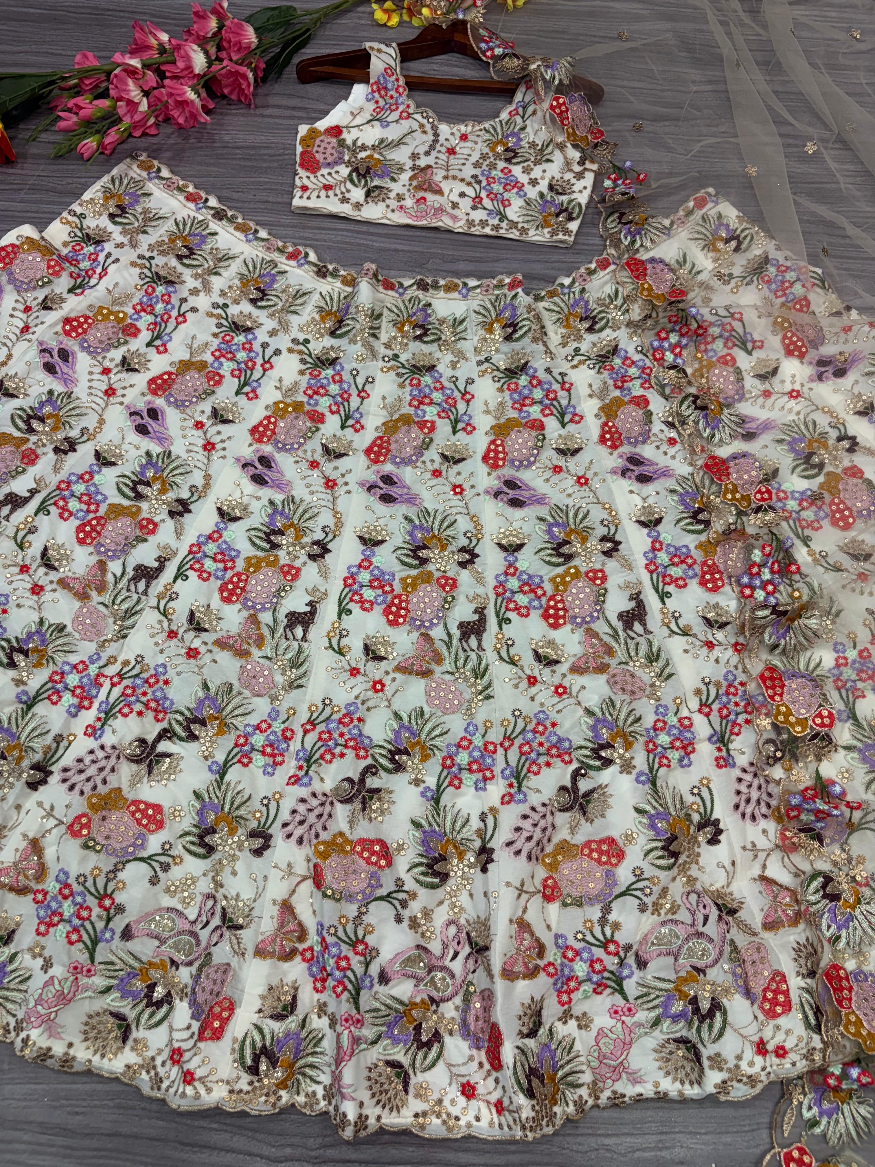 Party Wear Designer Lehenga Choli With Multi Color Thread Embroidery