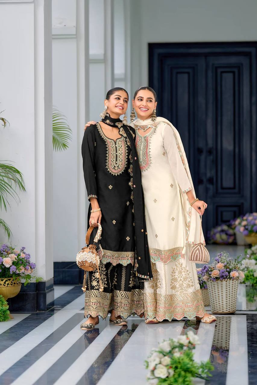 डिज़ाइनर पार्टी वियर लुक फैंसी टॉप-दुपट्टा और शरारा